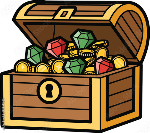 An open wooden cartoon treasure chest overflowing with shiny gold coins red rubies and green emeralds.