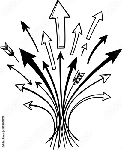 A black and white illustration of arrows pointing in multiple directions