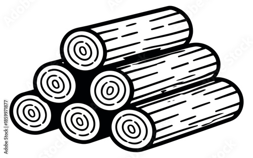 Line art illustration of a stack of logs depicting a firewood pile for camping and outdoor activities