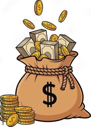 Cartoon burlap money bag with a dollar sign overflowing with stacks of cash and shiny gold coins.