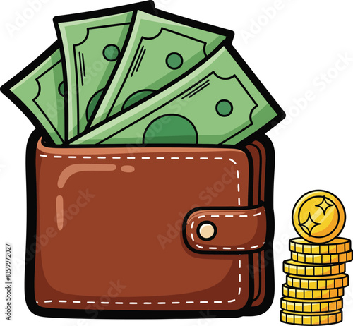 Cartoon brown leather wallet overflowing with green cash banknotes and a stack of shiny gold coins.