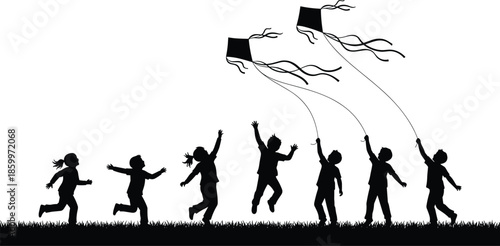 Silhouette of children flying kites together outdoors, symbolizing freedom, childhood joy, friendship, imagination, playfulness, and happy summer lifestyle concepts