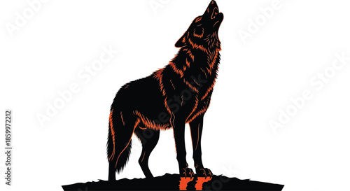 Wolf Howling at Night with Orange Glow Isolated on White