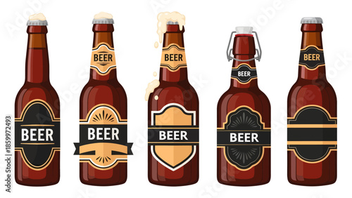Five distinct brown beer bottles are lined up, featuring varied black and tan labels, with one overflowing with bubbly foam and another sporting a mechanical swing-top cap against a white background