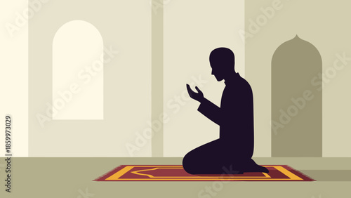 Silhouette of a Person Praying on a Prayer Rug Inside a Mosque