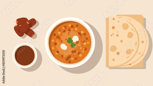 Delicious Hot Chili Soup with Fresh Bread and Beverages