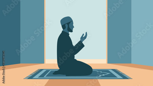 Peaceful Muslim Men Praying in Mosque Islamic Worship Scene