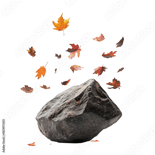 Stone base with autumn falling leaves decoration in bright tone
