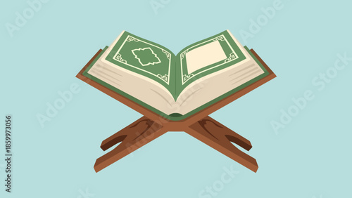 Open Holy Quran on Wooden Prayer Stand for Islamic Worship and Religious Reflection