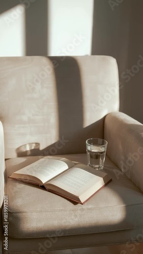 An open book on a light-colored armchair, next to a glass of water, with soft shadows creating a tranquil indoor environment ideal for relaxation and reading.