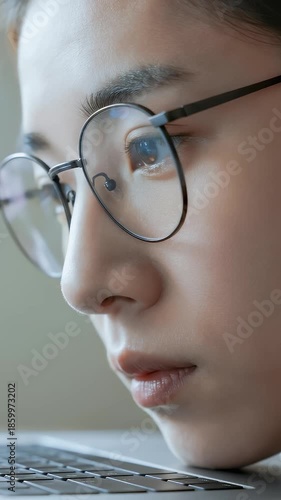 Close-up of a women with glasses focused on a laptop screen, highlighting facial features and technology interaction for remote work or study scenarios.