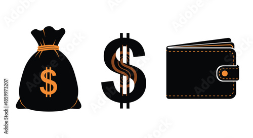 Money Bag, Dollar Sign, Wallet Icons on White Background