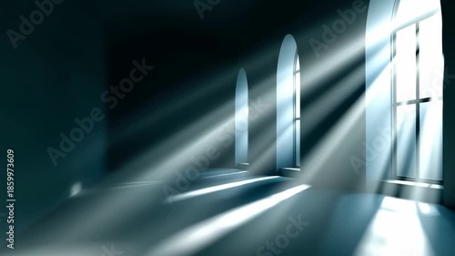 Moody Dark Room with Arched Windows and Sunlight Rays
