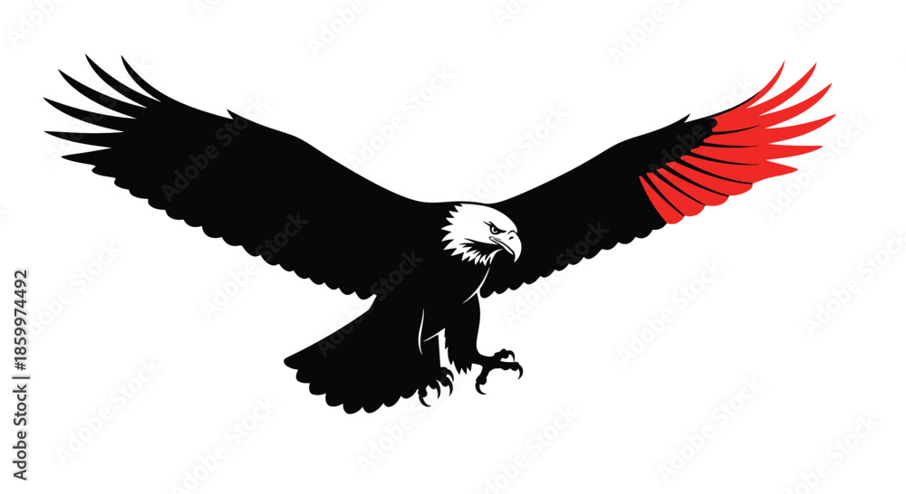 Obraz premium Bald Eagle Flying with Red Wing Tips on White Background