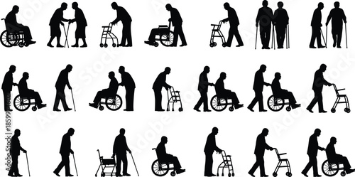 Large vector set of black silhouettes of elderly people using wheelchairs, walkers, and canes for mobility assistance on white background.