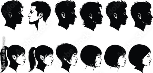 Vector set of black silhouettes and profile line art of men and women with various hairstyles and haircuts on white background.