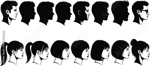 Vector set of black silhouettes and profile line art of men and women with various hairstyles and sunglasses on white background.