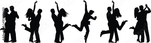 Set of black silhouettes of romantic couples dancing, hugging, and jumping for joy during a date isolated on white background.