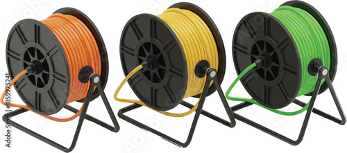 Isometric Extension Cable Reel Vector Illustration Set Showing Electric Power Cords for Workshop, Construction, and Utility Use