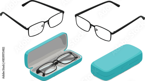 Isometric Eyeglasses and Glasses Case Vector Illustration Set Showing Optical Frames for Vision Care and Accessories Design