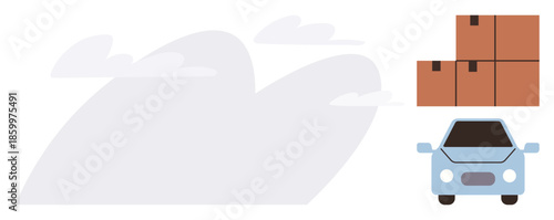 Compact blue car next to stacked boxes under drifting clouds. Ideal for delivery, logistics, cargo transport, e-commerce, moving, sustainability, minimal design. A simple flat metaphor