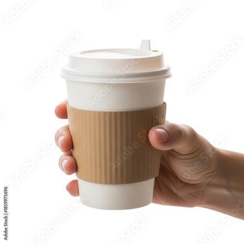 Hand holding coffee cup isolated on transparent background
