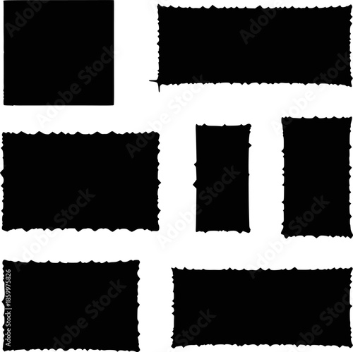 Black vector rough edge rectangles. Grunge square frames set. Jagged edge torn paper background collection. Paint brush strokes. Grungy distressed text boxes. Transparent background EPS version.