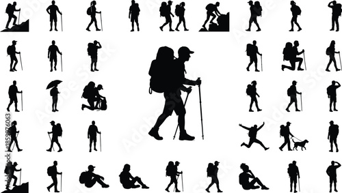 Hiking people silhouettes collection with backpackers trekking walking resting isolated on white background outdoor adventure travel lifestyle illustration set