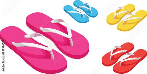 Isometric Flip Flops Sandals Vector Set in Multiple Colors for Summer Fashion, Beachwear, and Footwear Design