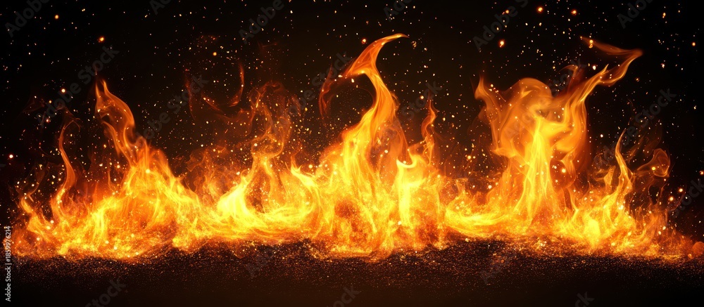 Fototapeta premium Fiery flames burning intensely against dark background, sparks flying, for design use