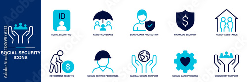 Social Security Blue Colored Outline Icon Set