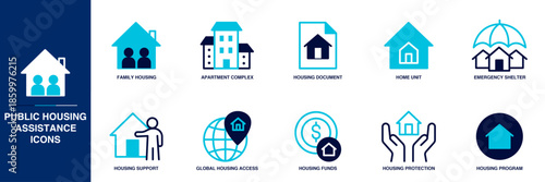 Public Housing Assistance Blue Colored Outline Icon Set
