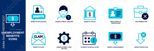 Unemployment Benefits Blue Colored Outline Icon Set
