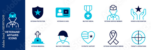 Veterans Affairs Blue Colored Outline Icon Set