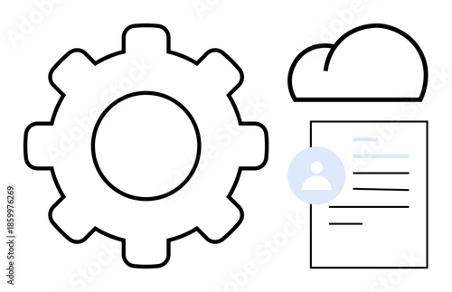 Cloud storage, data privacy, online services, software integration, technology infrastructure, user management. Gear symbol, cloud and document with profile icon. Cloud storage and data privacy