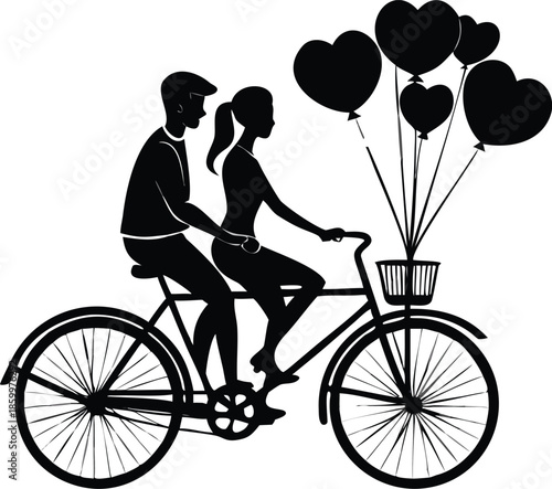 Silhouette Of A Couple Riding A Bicycle With Heart Balloons Attached