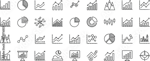 Black and white data visualization icons set, charts, graphs, analytics symbols, dashboard elements, business intelligence vector for reports and presentations