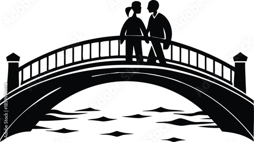 Silhouette Of A Romantic Bridge Over A Calm River With A Couple Walking