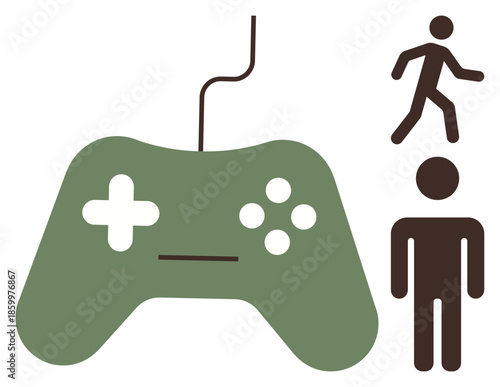 Game controller with human shapes symbolizing interaction and movement in virtual gaming. Ideal for technology, gaming industry, creativity, virtual reality, innovation, human-machine interaction