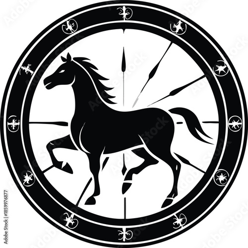 Vector Silhouette Of A Chinese Zodiac Wheel With The Horse Highlighted