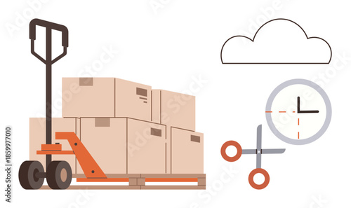 Pallet jack transporting stacked cardboard boxes, cloud, scissors, and clock symbol promoting logistical efficiency, distribution, delivery, supply planning, e-commerce, management and productivity
