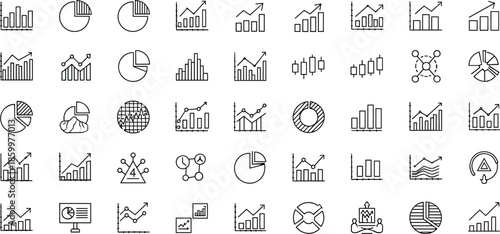 Business analytics chart icons set, data visualization symbols, financial statistics graphs, performance metrics dashboards, comprehensive outline infographic vector collection