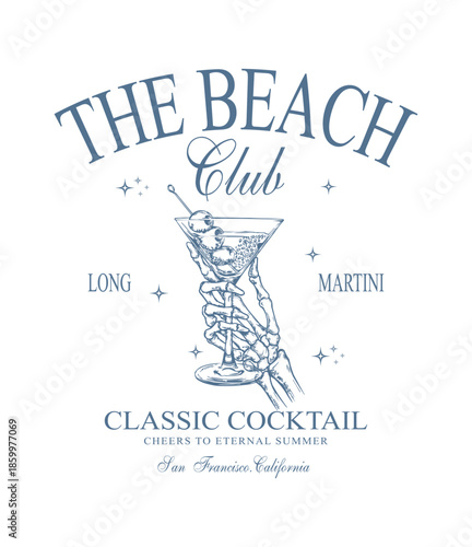 Vintage Beach Club Cocktail Graphic Retro Skeleton Hand Holding Martini Illustration for Summer Vibes