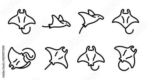 Manta Ray Vector Icon Set Minimalist Black Line Art Outline Stingray Logo Design Bundle Monoline Ocean Animal Swimming Silhouette Isolated Collection for Branding and Signage