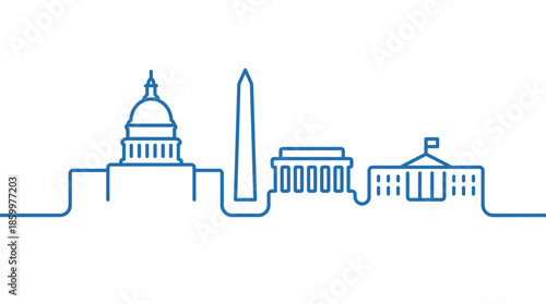 Continuous Line Washington DC Skyline Vector. Blue Monoline Outline of Capital City Landmarks. Minimalist One Line Drawing of Capitol, Monument and White House.