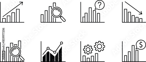 Business analytics icons set, growth decline charts, data analysis symbols, finance performance graphs, statistics monitoring infographic vector illustration, dashboard reporting design