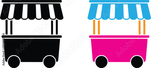 Iconic market stall on wheels design featuring a black and white and a vibrant colorful version vector set