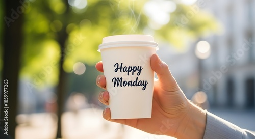 Hand holding a white coffee cup with 'Happy Monday' text outdoors on a sunny day