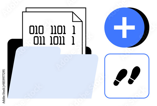 Digital data concept. Digital data ed by binary code, file folders, and functional symbols. Digital data processing, storage, and organization visuals. For IT, analytics cloud computing education