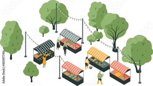Isometric outdoor farmers market illustration with fresh vegetables fruit stalls people shopping eco friendly local food scene in green park